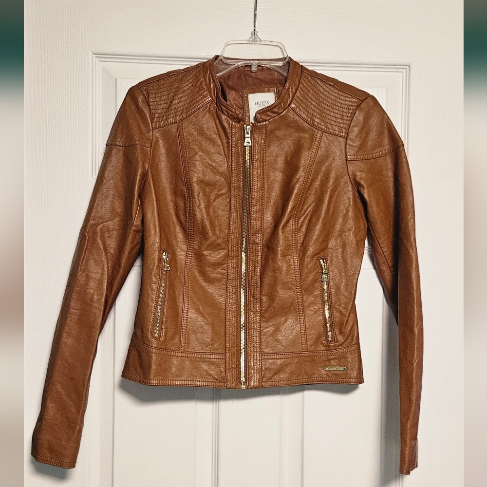 Guess Brown Faux-Leather Moto Jacket Womens Small Print Logo Inside